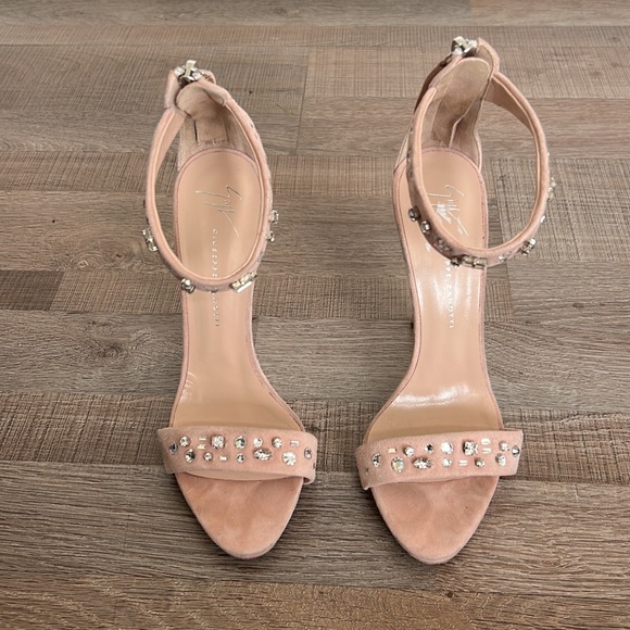 GIUSEPPE ZANOTTI Blush Pink Suede Crystal Embellish Sandal Heel - Picture 4 of 12